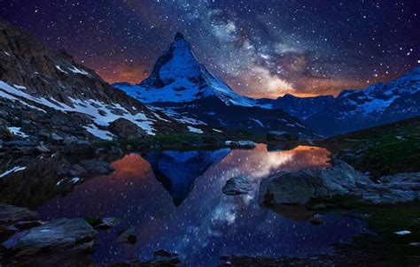 Wallpaper the sky, stars, snow, night, lake, mountain, Switzerland ...