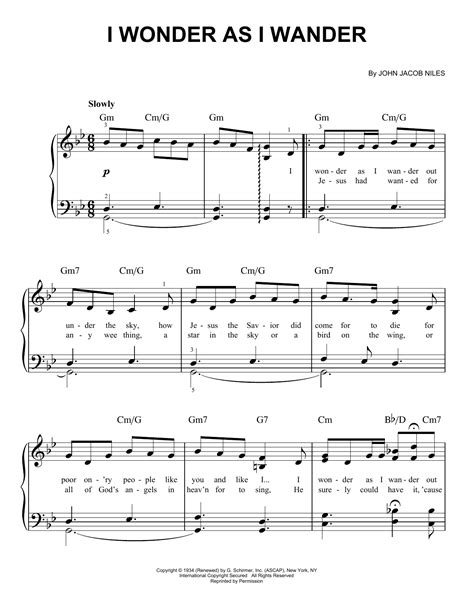 I Wonder As I Wander by John Jacob Niles Sheet Music for Easy Piano at Sheet Music Direct