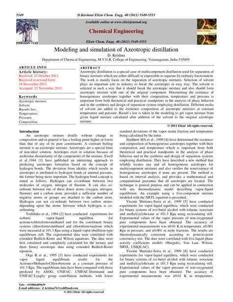 (PDF) D.Krishna, Modeling and simulation of Azeotropic distillation in ...