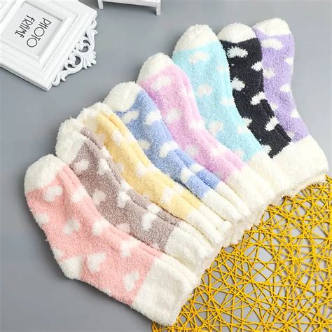 1Pair Women Winter Warm Socks Coral Fleece Bed Sleep Socks Lined Slipper Non Slip Socks 8 Colors ...