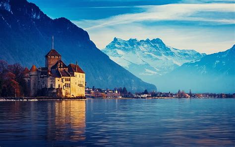 HD wallpaper: Lake Geneva, gray concrete building, castle, mountains ...