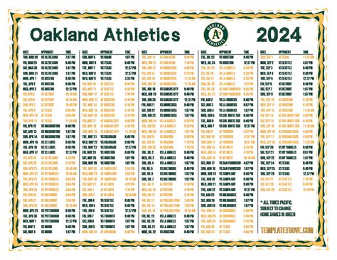 Printable 2024 Oakland Athletics Schedule