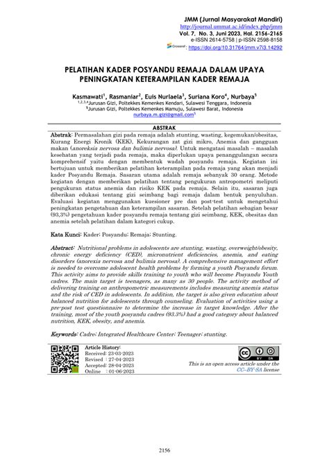 (PDF) PELATIHAN KADER POSYANDU REMAJA DALAM UPAYA PENINGKATAN KETERAMPILAN KADER REMAJA