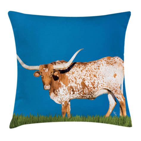 Longhorn Throw Pillow Cushion Cover, Female Cow on Grassland and Open ...