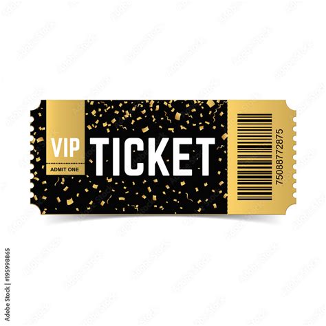 Golden vector vip ticket. Realistic 3d design with gold confetti on white background. Concert ...