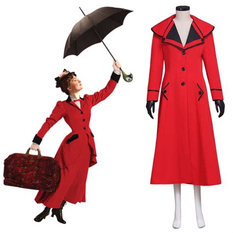 Mary Poppins Costume Cosplay Red Trench Coat Halloween Carnival Uniform Suit - Unisex