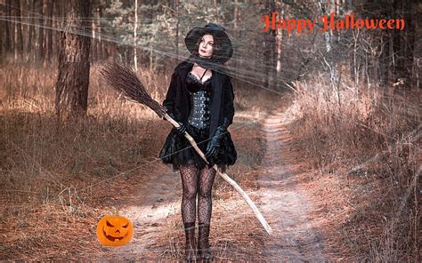 Happy Halloween, witch, brunette, model, broom, HD wallpaper | Peakpx