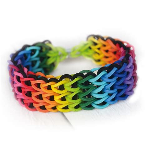 a rainbow colored bracelet with black, yellow, and red links on it's sides