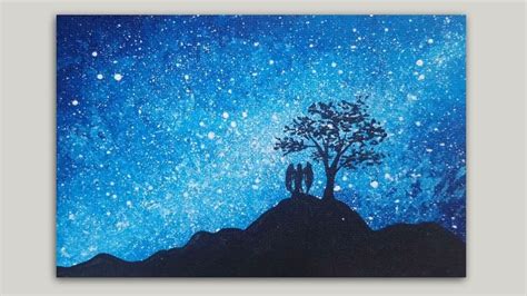 Starry Sky, Angel and Tree Silhouette Acrylic Painting Tutorial - YouTube | Night sky painting ...