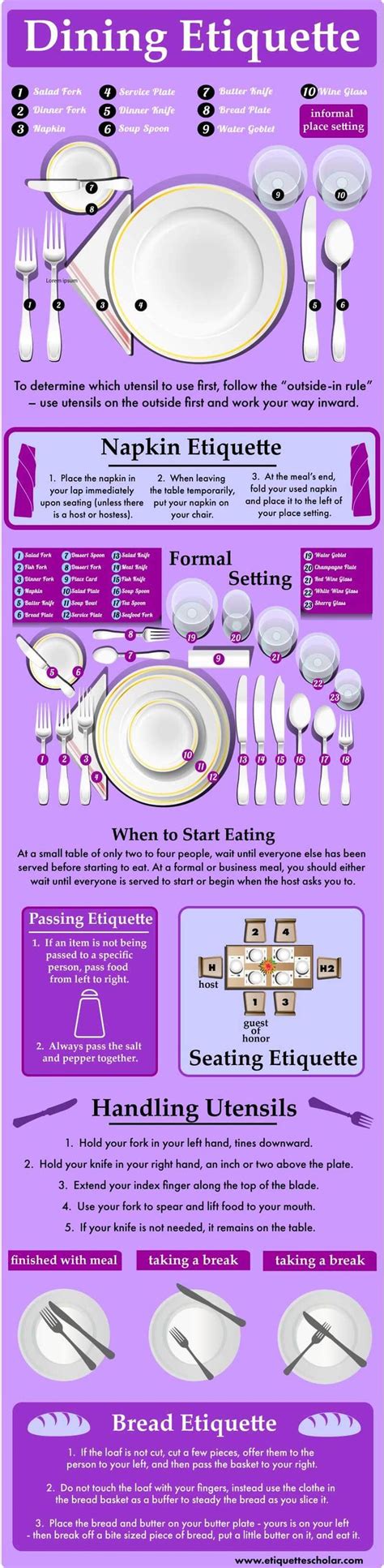 a purple and white poster with different types of plates, knives, spoons and utensils