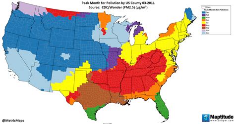 Peak month for pollution by U.S. county - Vivid Maps | Map, Pollution ...