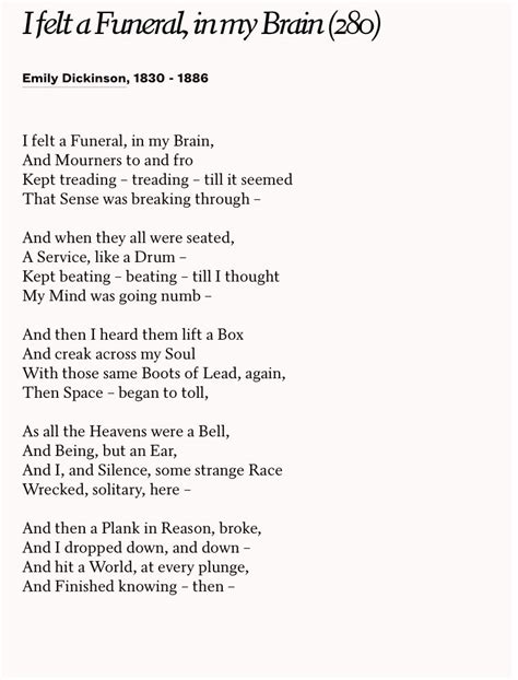 Poem: "I Felt a Funeral in My Brain" - by Emily Dickinson. | Dickinson ...