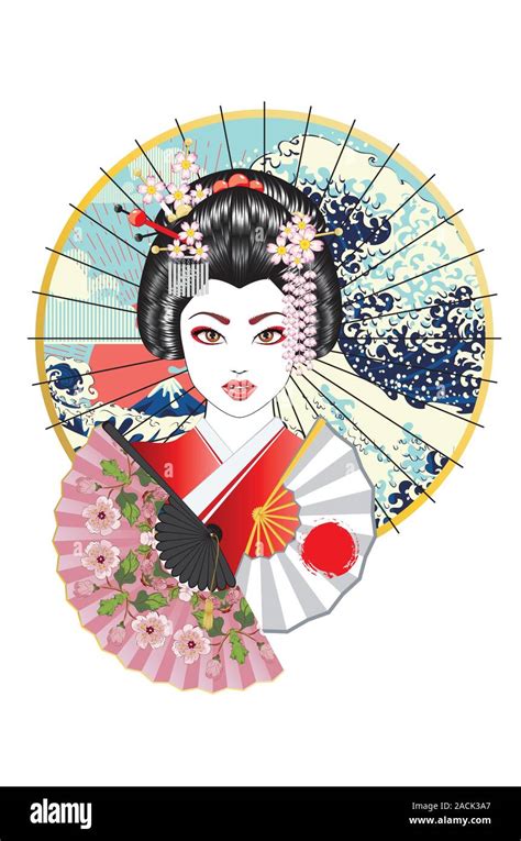 Portrait of japanese geisha woman with traditional fan design Stock ...