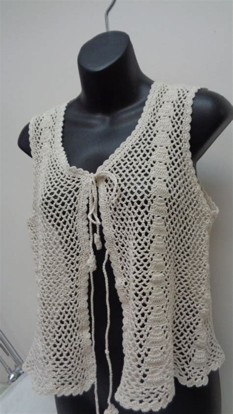 Natural Beige Sleeveless Crochet Cardigan, Crochet Sleeves Cardigan Vest, Open Front Sleeves ...