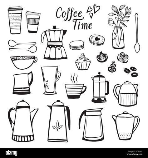 Coffee illustrations clip art vector set. Outline black and white designs Stock Vector Image ...