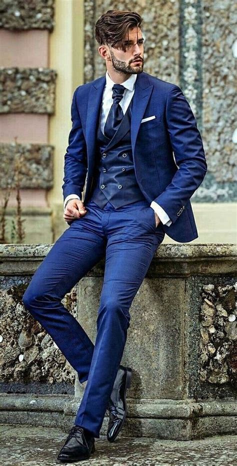 Men Blue 3 Piece Business Summer Suit Slim Fit One Button Bespoke Party ...