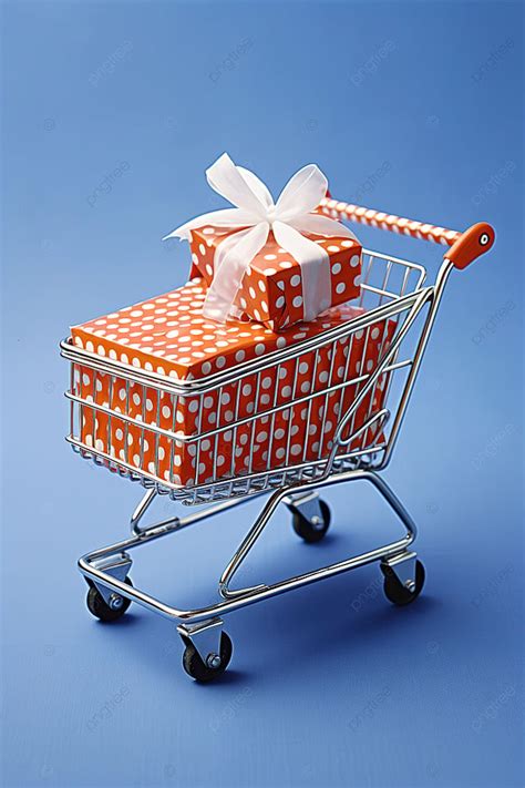 Shopping Cart With Gift Bag Is Shown Sitting On A Blue And White ...
