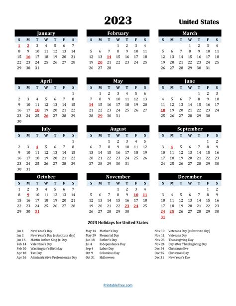 Printable Calendar 2023 One Page with Holidays (Single Page) 2023 Yearly Blank PDF Templates