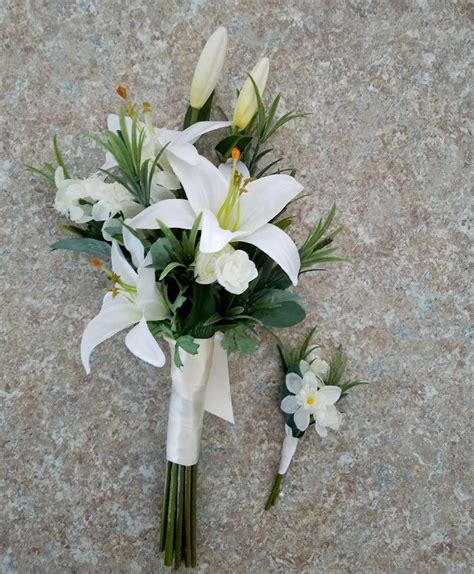 White Lily Bridal Bouquet Silk Casablanca Private Small Wedding Flowers Choose Size Bridesmaid ...