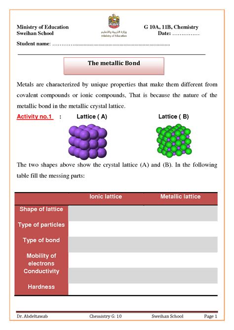 SOLUTION: Metallic bonding worksheet 10a 11b - Studypool