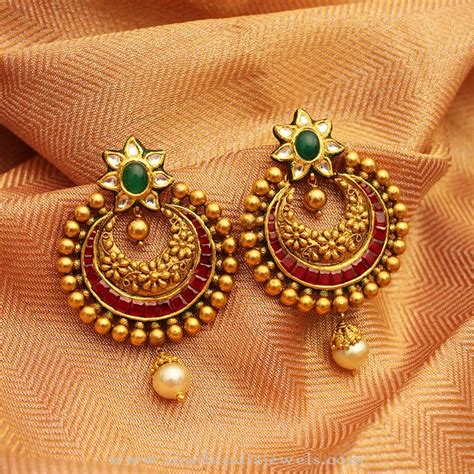 Gold Antique Kundan Earrings - South India Jewels