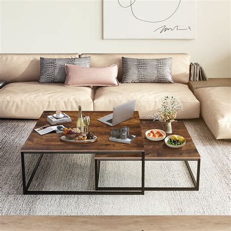 17 Stories Coffee Tables, 2 Piece Set Square Nesting Table for Living Room, Rustic Brown and ...