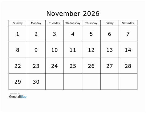 Printable November 2026 Calendar