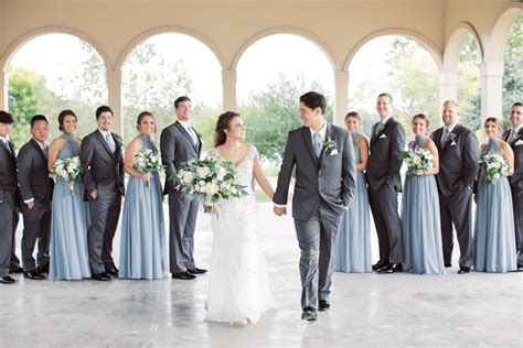 Dusty Blue Bridesmaids Dresses with Dark Grey Groomsmen Suits | Dusty blue bridesmaid dresses ...