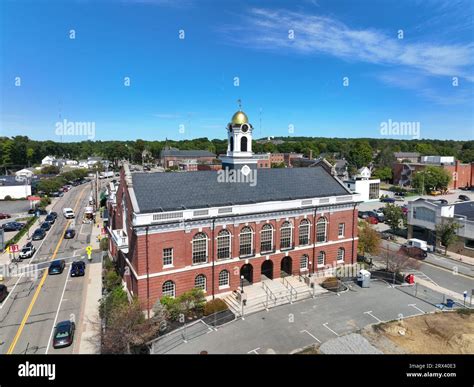 Needham Town Hall aerial view at 1471 Highland Avenue in historic town ...