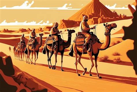 Premium AI Image | Individuals in a group riding camels in the desert