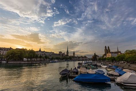 Panoramic View of Historic Zurich Downtown with Fraumunster and ...