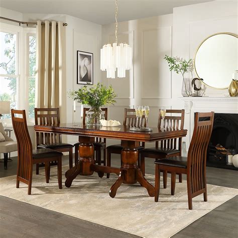 Chatsworth Dark Wood Extending Dining Table with 6 Java Chairs (Brown Leather Seat Pads ...