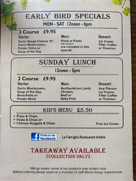 Menu at La Famiglia restaurant, Warkworth