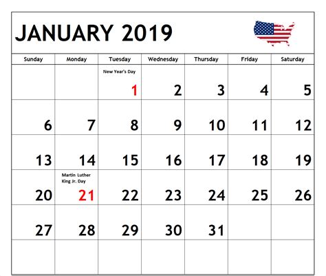 January 2019 Calendar USA Federal Holidays | Calendar usa, Free ...