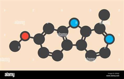 Harmine alkaloid molecule. Herbal inhibitor of monoamine oxidase A. (MAO-A). Stylized skeletal ...