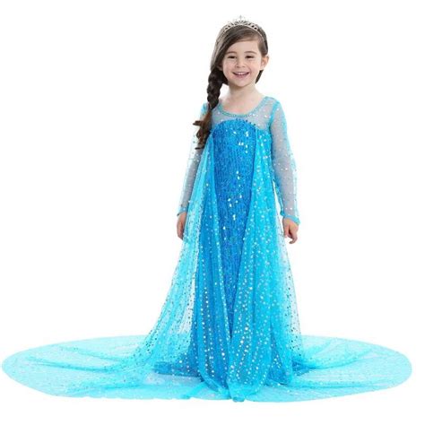 Girls Sequins Elsa Anna Costumes With Cloak Dress up with Long Train Children Halloween ...