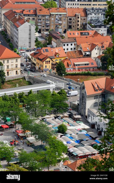 City of Ljubljana in Slovenia, cityscape with the Central Market and ...