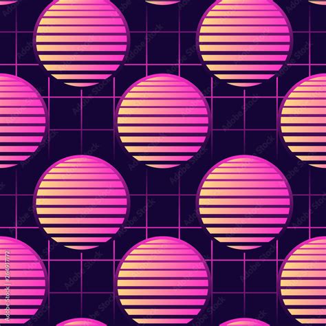 Neon 80s style seamless pattern with spheres. Futuristic digital vector ...