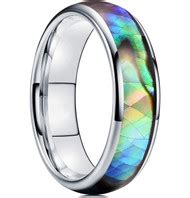 6mm - Unisex or Women's Tungsten Wedding Bands. Silver Band and Multi Color Rainbow Abalone ...