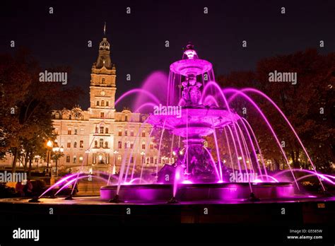 Parliament Building, Hotel du Parlement, and fountain, Quebec City, Quebec, Canada, night Stock ...