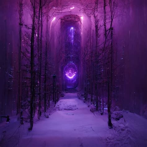 a purple portal opening in a snowy forest, purple | Midjourney | OpenArt