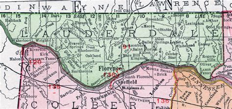 Lauderdale County, Alabama, Map, 1911, Florence, Rogersville, Waterloo ...