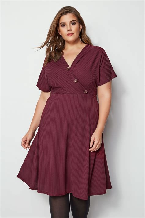 Burgundy Ribbed Wrap Front Dress, Plus size 16 to 36