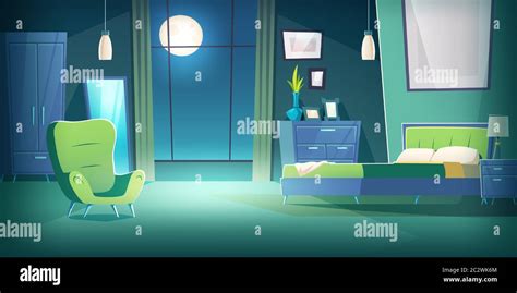 Bedroom interior at night cartoon vector illustration. Comfortable ...