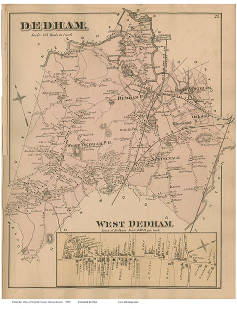 Dedham, Massachusetts 1876 Old Town Map Reprint - Norfolk Co. - OLD MAPS