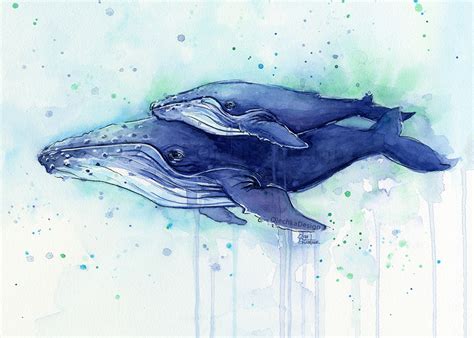 Humpback Whale Mom and Baby Watercolor Painting-Olechka Design