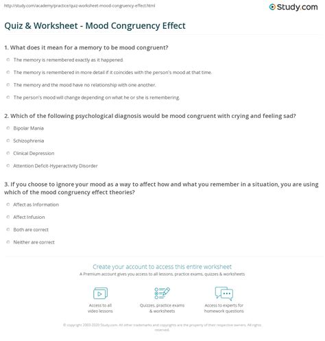 Quiz & Worksheet - Mood Congruency Effect | Study.com