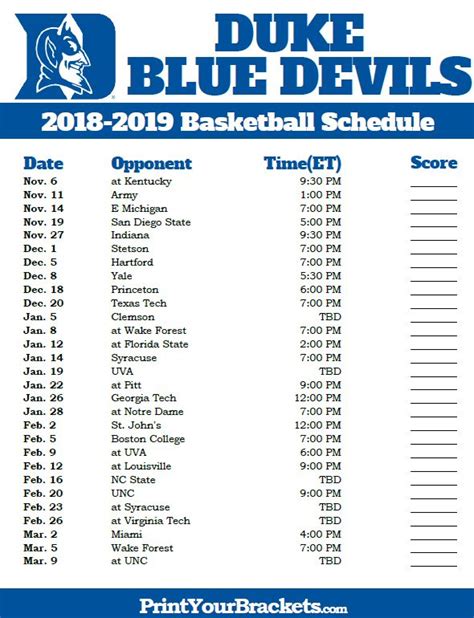Duke Basketball Printable Schedule - Printable World Holiday