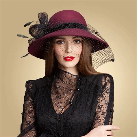 2015 High quality Winter Fedora Pure Wool Hats Women Vintage Hat with Tulle Wide Brim Floppy ...