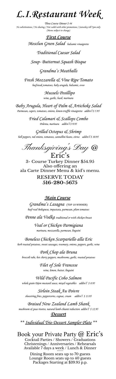 Restaurant Week Menu – Eric's Italian Bistro – Modern & Italian Cuisine